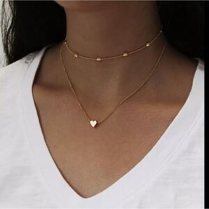 GOLD Heart Multi Layered Chain Charm Pendant Choker Necklace